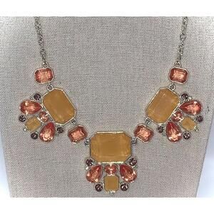 Chaps Silver Tone Statement Necklace Centerpiece Coral/Peach/Purple Colored Gems